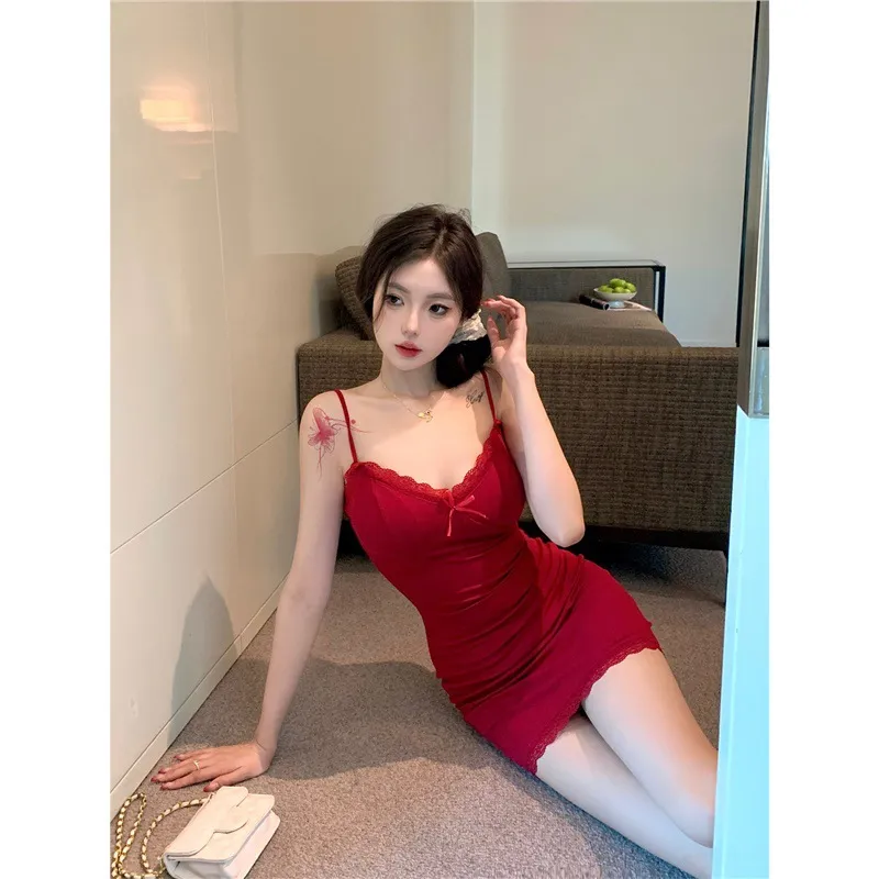 Women's Red Lace V-Neck Suspender Dress - Sexy Tight Hip Skirt, Modal Pure Lust Fabric, Short Length thumbnail 4
