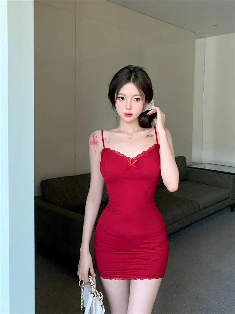 Women's Red Lace V-Neck Suspender Dress - Sexy Tight Hip Skirt, Modal Pure Lust Fabric, Short Length showcase 7