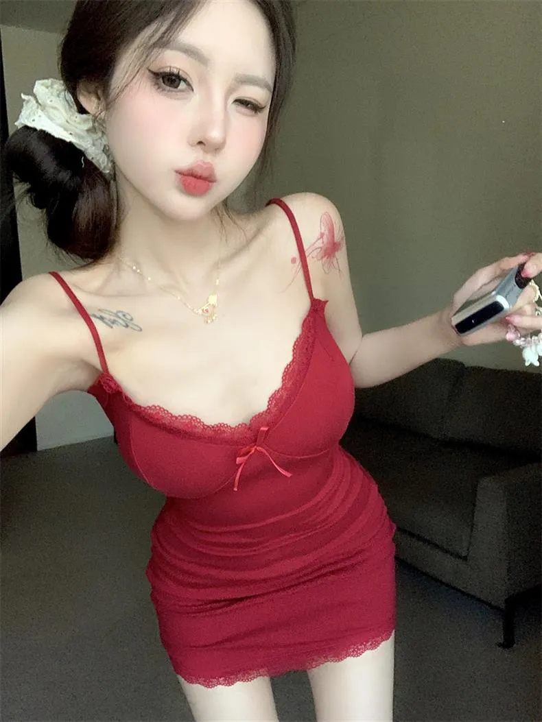 Women's Red Lace V-Neck Suspender Dress - Sexy Tight Hip Skirt, Modal Pure Lust Fabric, Short Length showcase 10