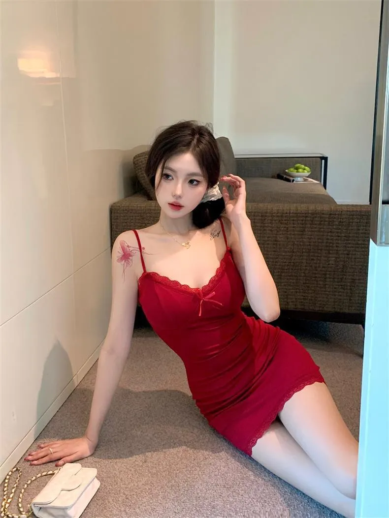 Women's Red Lace V-Neck Suspender Dress - Sexy Tight Hip Skirt, Modal Pure Lust Fabric, Short Length showcase 3