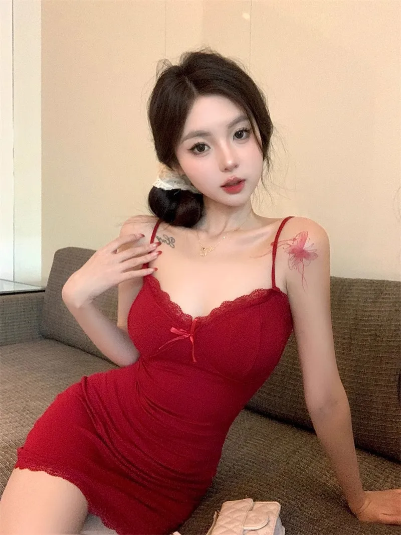 Women's Red Lace V-Neck Suspender Dress - Sexy Tight Hip Skirt, Modal Pure Lust Fabric, Short Length thumbnail 6