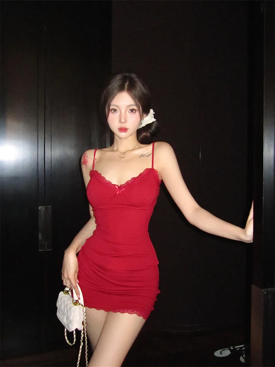 Women's Red Lace V-Neck Suspender Dress - Sexy Tight Hip Skirt, Modal Pure Lust Fabric, Short Length thumbnail 8