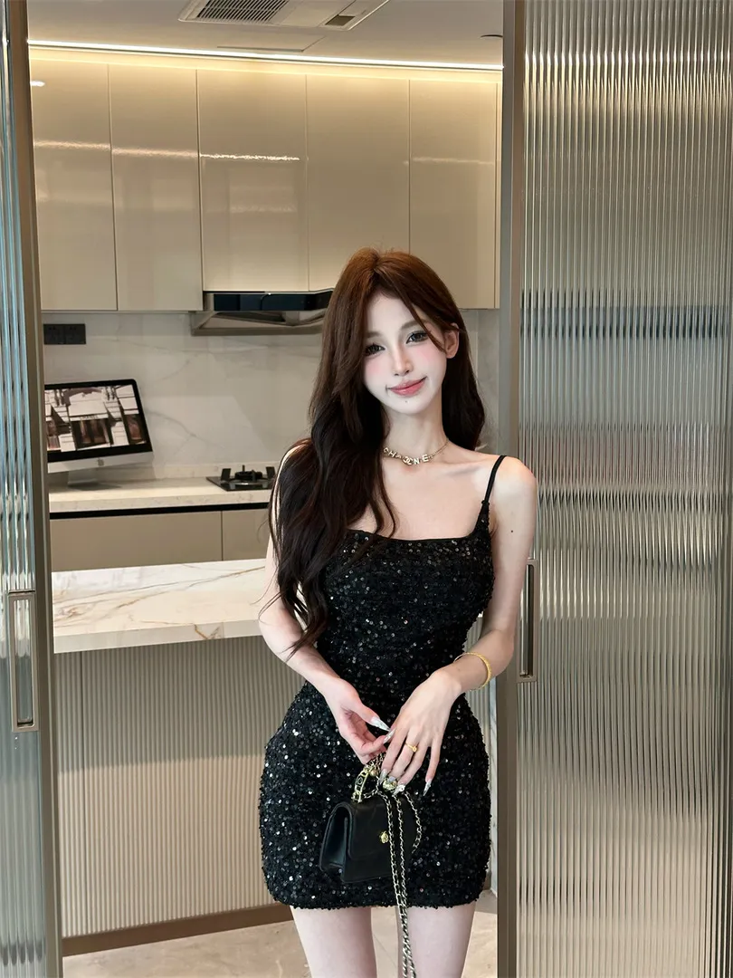 Sparkling Sequin Sling Strap Bodycon Dress for Women, Slim Fit, Hip Hugging, Party Evening Wear, Fashionable Club Outfit thumbnail 7