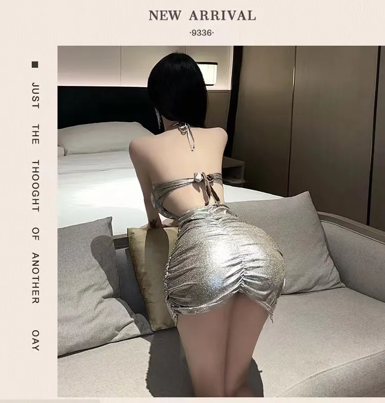 Pure Desire Women's Sexy Deep V Halter Backless Sling Dress Slim Fit Sheath Skirt Nightclub Party Wear showcase 9