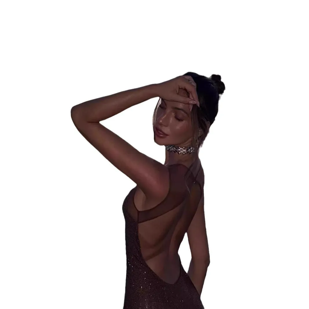 Women's Elegant Sleeveless Sling Evening Dress with Hot Drilling Embellishments, Low Cut Neckline, Bodycon Hip Fit, Sophisticated Design for Special Occasions - Image 5