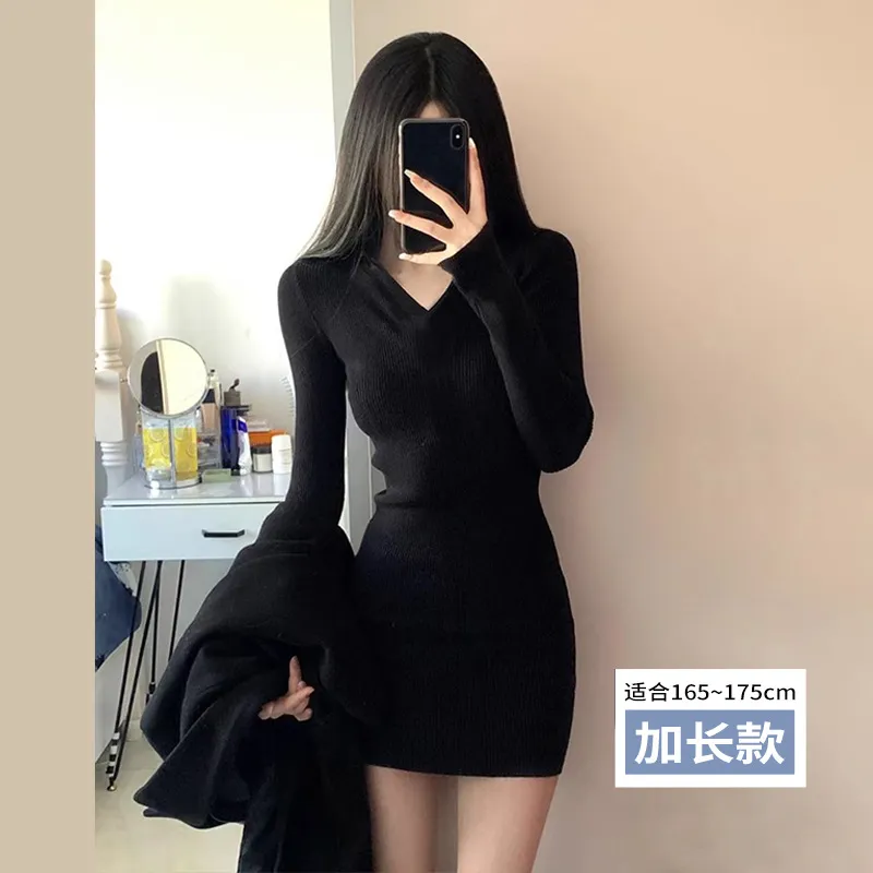 Women's Black Long-Sleeve Bodycon Knitted Dress - Sweet Spicy Style, High-End Feel, Versatile for Spring & Autumn thumbnail 6