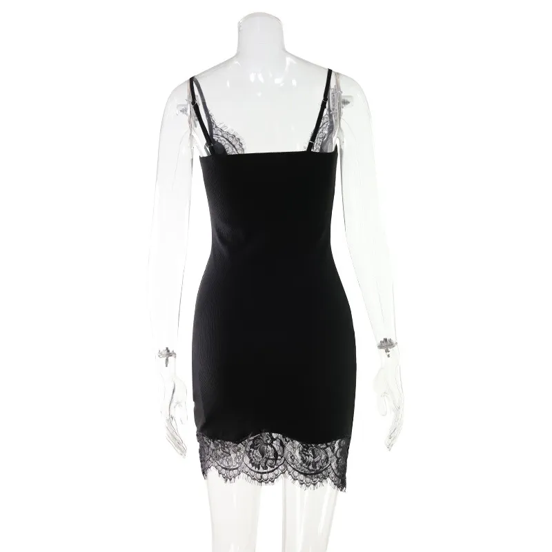 Women's Sexy Lace Splicing Mini Dress - Slim Fit, Sleeveless, Solid Color, Summer Party Clubwear - Image 4