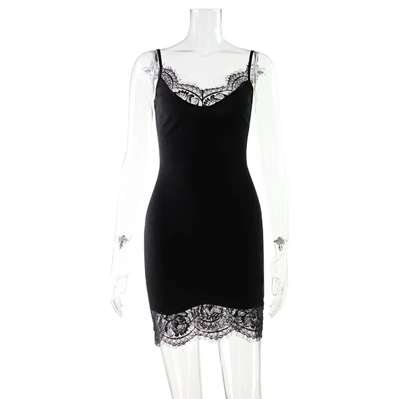 Women's Sexy Lace Splicing Mini Dress - Slim Fit, Sleeveless, Solid Color, Summer Party Clubwear - Image 5