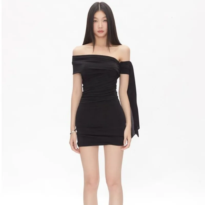 Women's Sexy One-Shoulder Black Mini Dress, Sleeveless Hip-Hugging Design, Pure Desire Summer Fashion Skirt for Evening Outings - Image 7