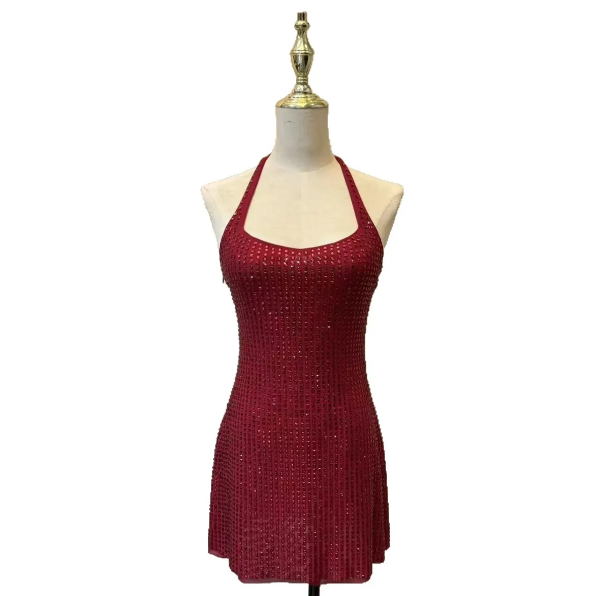 Elegant Halter Neck Rhinestone Embellished Bodycon Mini Dress for Women - Sexy Waist-Cinching Holiday Party Dress thumbnail 5