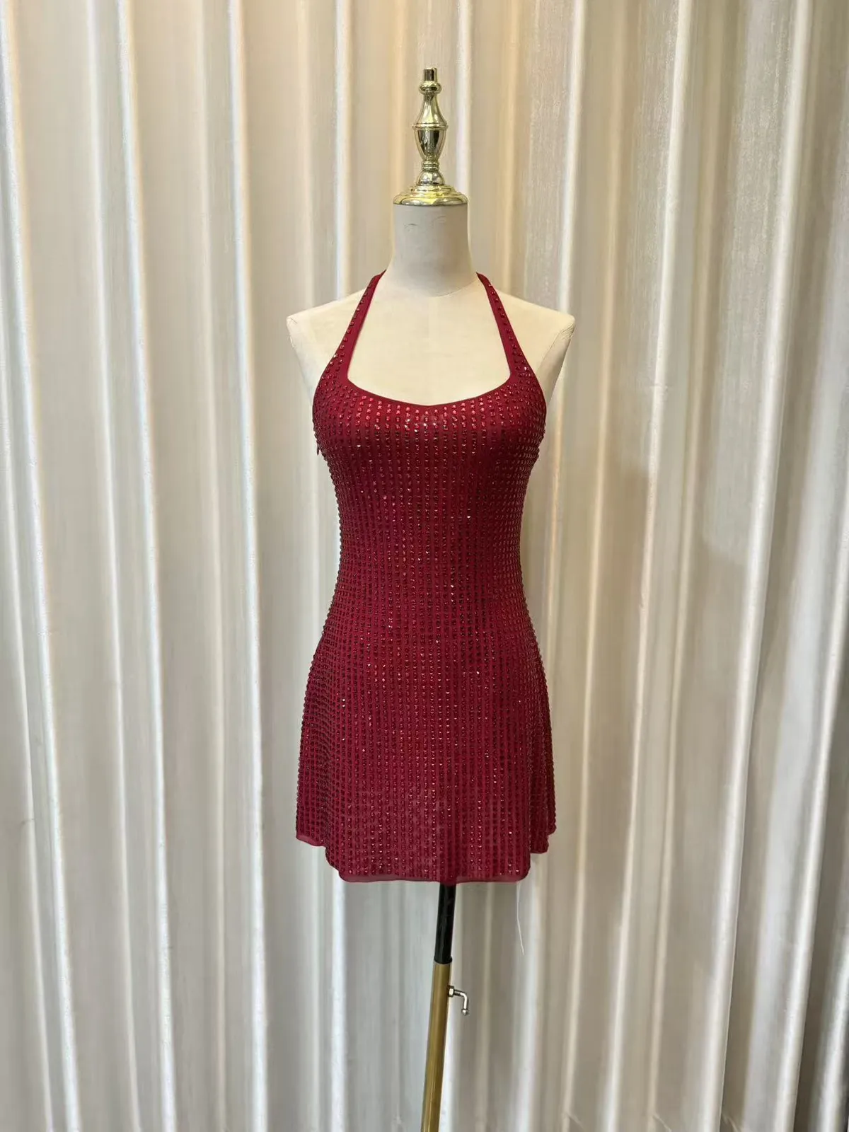 Elegant Halter Neck Rhinestone Embellished Bodycon Mini Dress for Women - Sexy Waist-Cinching Holiday Party Dress showcase 5