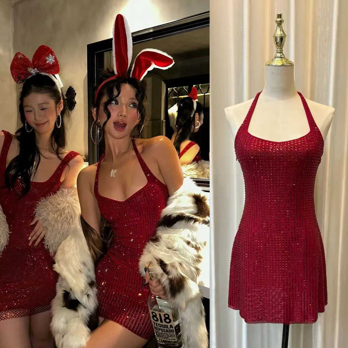 Elegant Halter Neck Rhinestone Embellished Bodycon Mini Dress for Women - Sexy Waist-Cinching Holiday Party Dress showcase 1