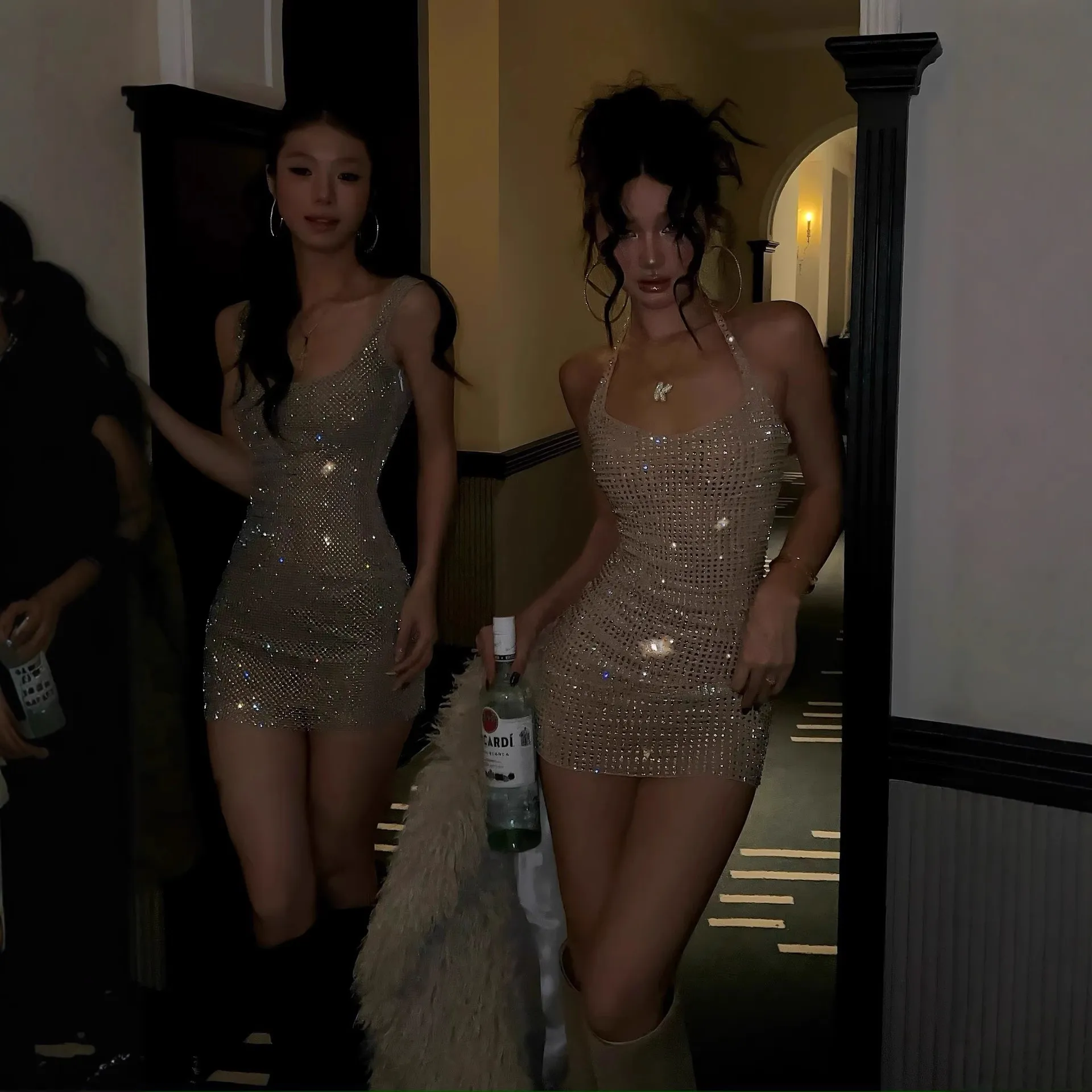 Elegant Halter Neck Rhinestone Embellished Bodycon Mini Dress for Women - Sexy Waist-Cinching Holiday Party Dress thumbnail 2