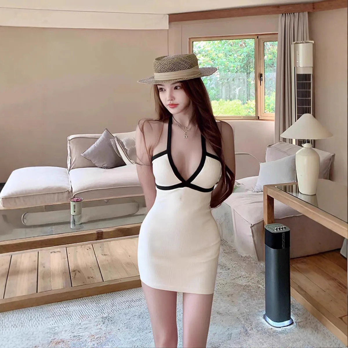 Women's White Suspender Halterneck Deep V Contrast Mini Dress - Sexy Celebrity Style Summer Fashion thumbnail 3