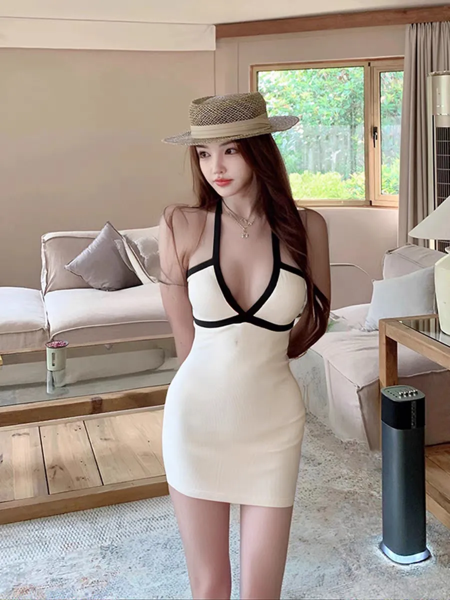 Women's White Suspender Halterneck Deep V Contrast Mini Dress - Sexy Celebrity Style Summer Fashion showcase 4