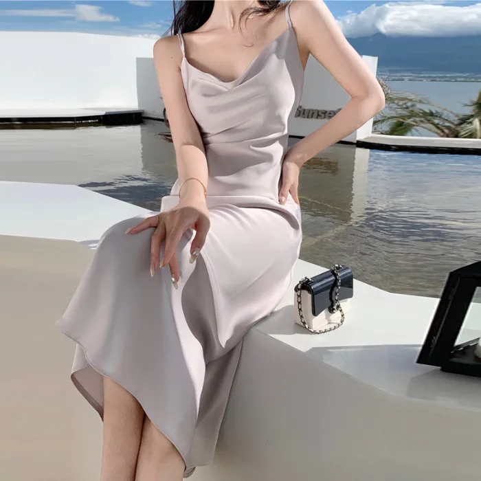 Elegant Acetic Acid Satin Sling Dress for Women - Summer Sleeveless Fishtail Hem Maxi Dress, Chic Socialite Style, Perfect for Evening Events and Parties thumbnail 7
