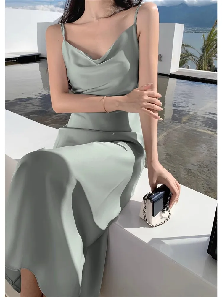 Elegant Acetic Acid Satin Sling Dress for Women - Summer Sleeveless Fishtail Hem Maxi Dress, Chic Socialite Style, Perfect for Evening Events and Parties showcase 16