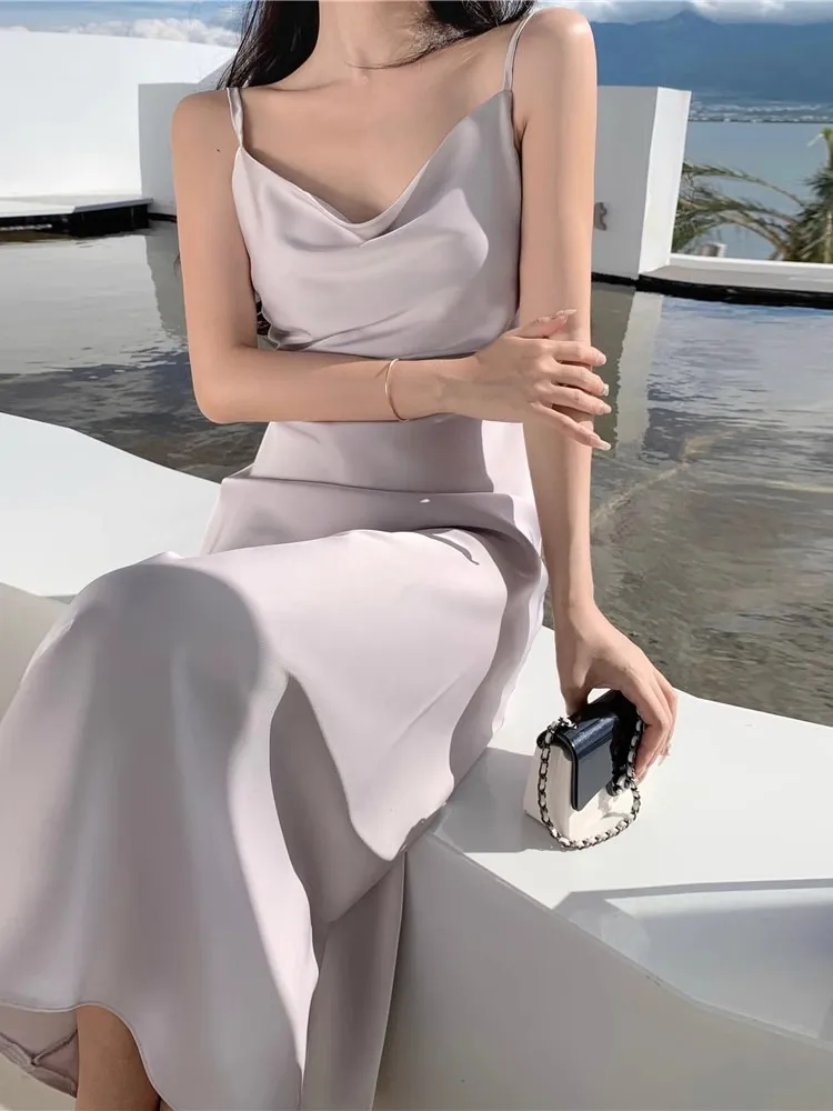 Elegant Acetic Acid Satin Sling Dress for Women - Summer Sleeveless Fishtail Hem Maxi Dress, Chic Socialite Style, Perfect for Evening Events and Parties showcase 12