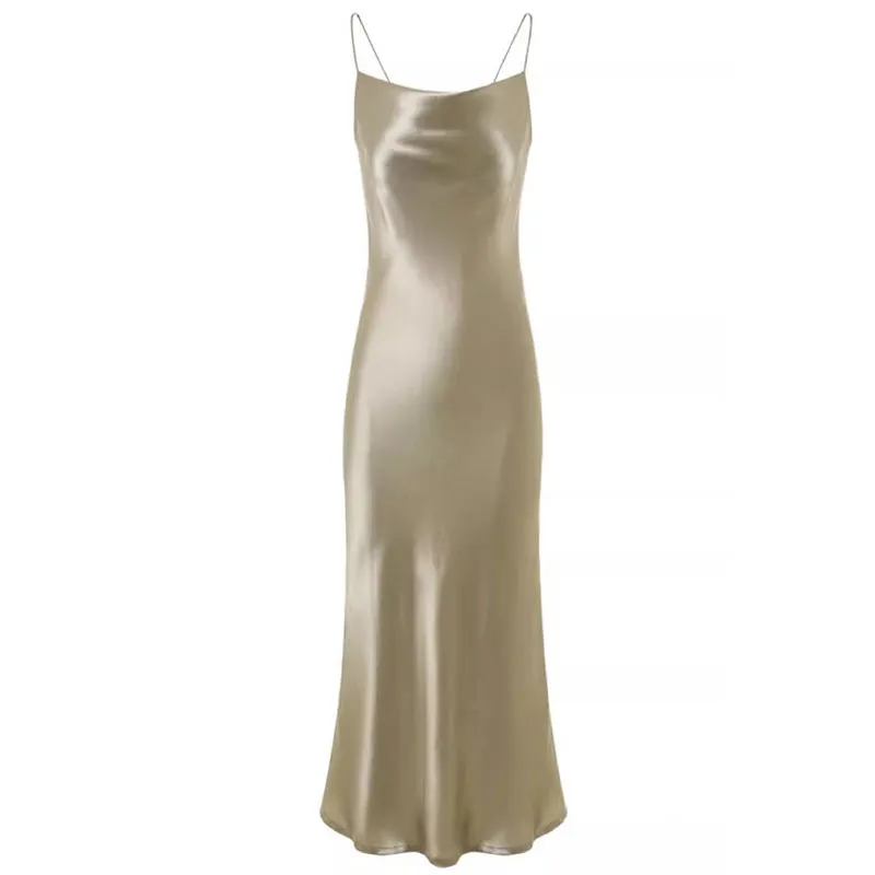 Elegant Acetic Acid Satin Sling Dress for Women - Summer Sleeveless Fishtail Hem Maxi Dress, Chic Socialite Style, Perfect for Evening Events and Parties thumbnail 1