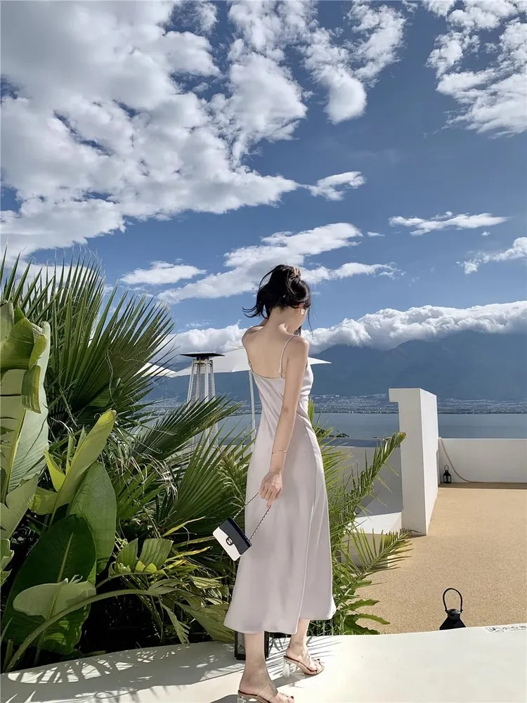 Elegant Acetic Acid Satin Sling Dress for Women - Summer Sleeveless Fishtail Hem Maxi Dress, Chic Socialite Style, Perfect for Evening Events and Parties showcase 13