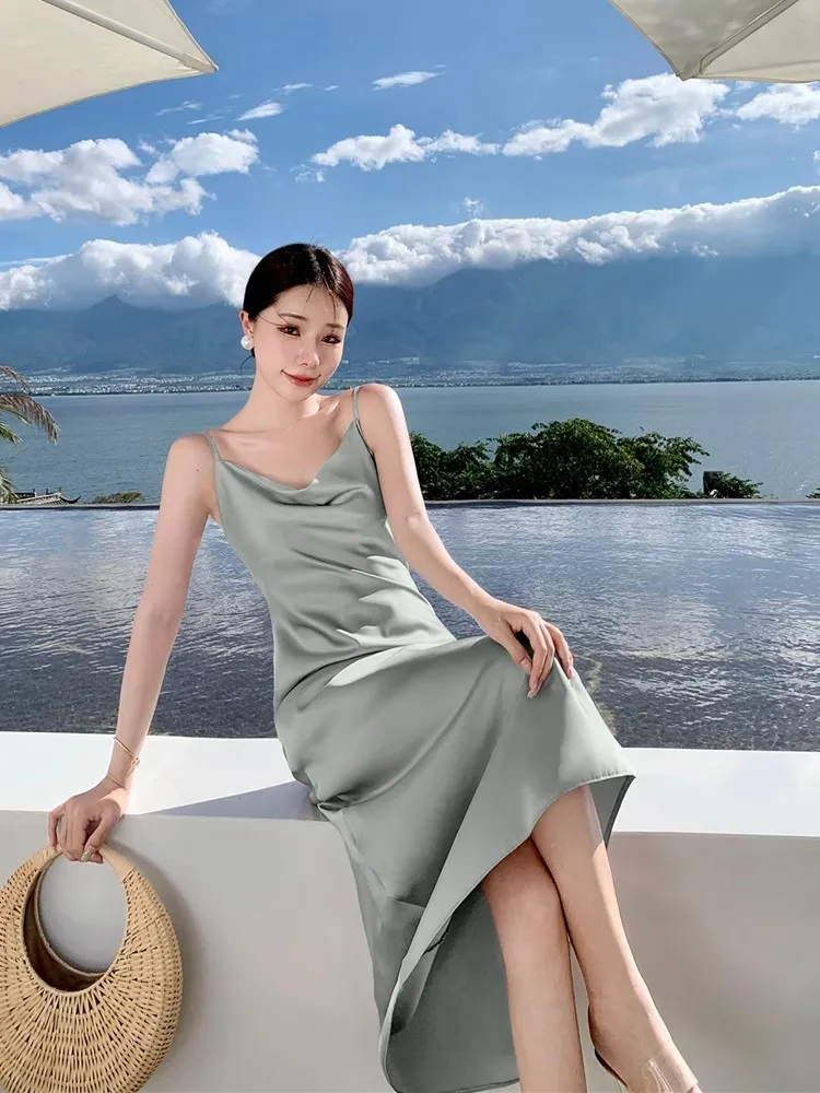 Elegant Acetic Acid Satin Sling Dress for Women - Summer Sleeveless Fishtail Hem Maxi Dress, Chic Socialite Style, Perfect for Evening Events and Parties showcase 14