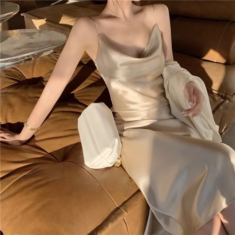 Elegant Acetic Acid Satin Sling Dress for Women - Summer Sleeveless Fishtail Hem Maxi Dress, Chic Socialite Style, Perfect for Evening Events and Parties showcase 6