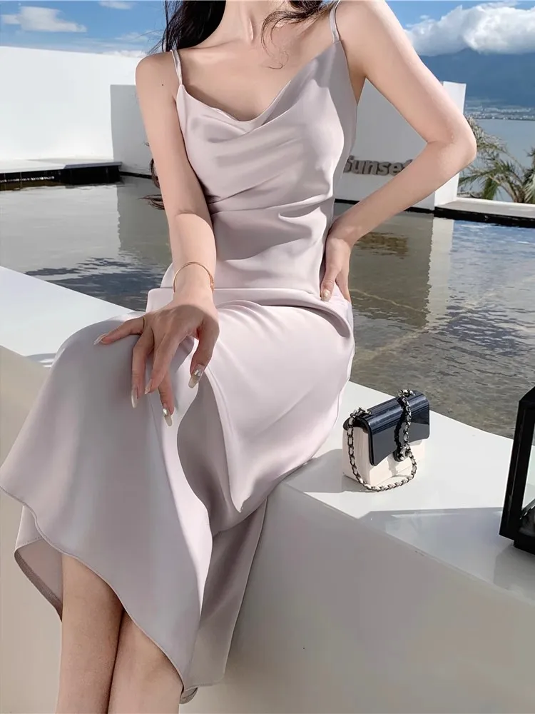 Elegant Acetic Acid Satin Sling Dress for Women - Summer Sleeveless Fishtail Hem Maxi Dress, Chic Socialite Style, Perfect for Evening Events and Parties showcase 11