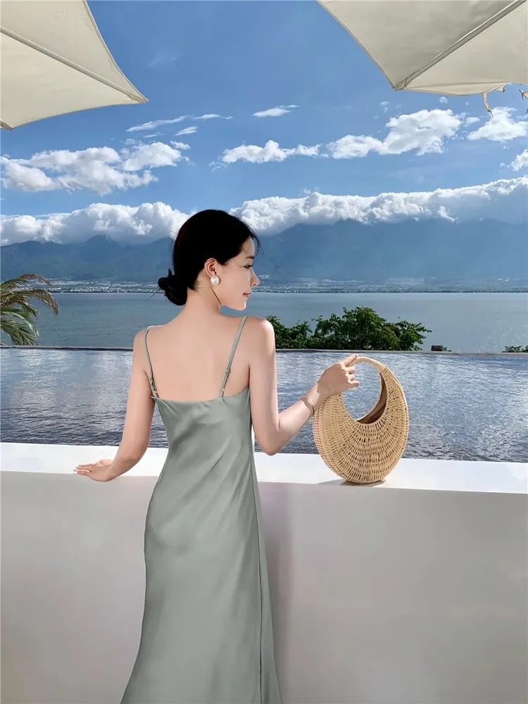 Elegant Acetic Acid Satin Sling Dress for Women - Summer Sleeveless Fishtail Hem Maxi Dress, Chic Socialite Style, Perfect for Evening Events and Parties showcase 15
