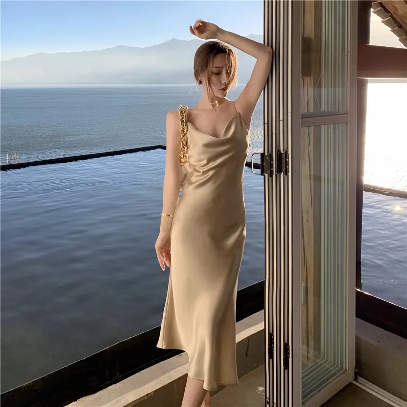 Elegant Acetic Acid Satin Sling Dress for Women - Summer Sleeveless Fishtail Hem Maxi Dress, Chic Socialite Style, Perfect for Evening Events and Parties showcase 4