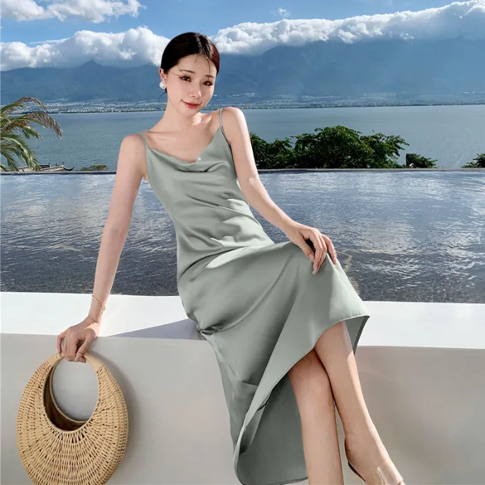 Elegant Acetic Acid Satin Sling Dress for Women - Summer Sleeveless Fishtail Hem Maxi Dress, Chic Socialite Style, Perfect for Evening Events and Parties thumbnail 10