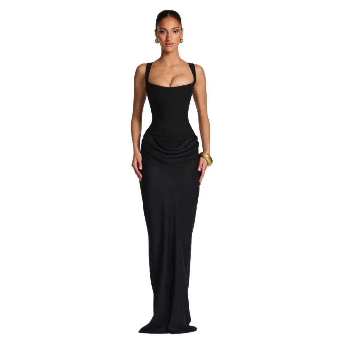 Women's Slim-Fit Fishbone Strap Long Bodycon Dress - Solid Color Elegant Sleeveless Evening Gown for Special Occasions thumbnail 5