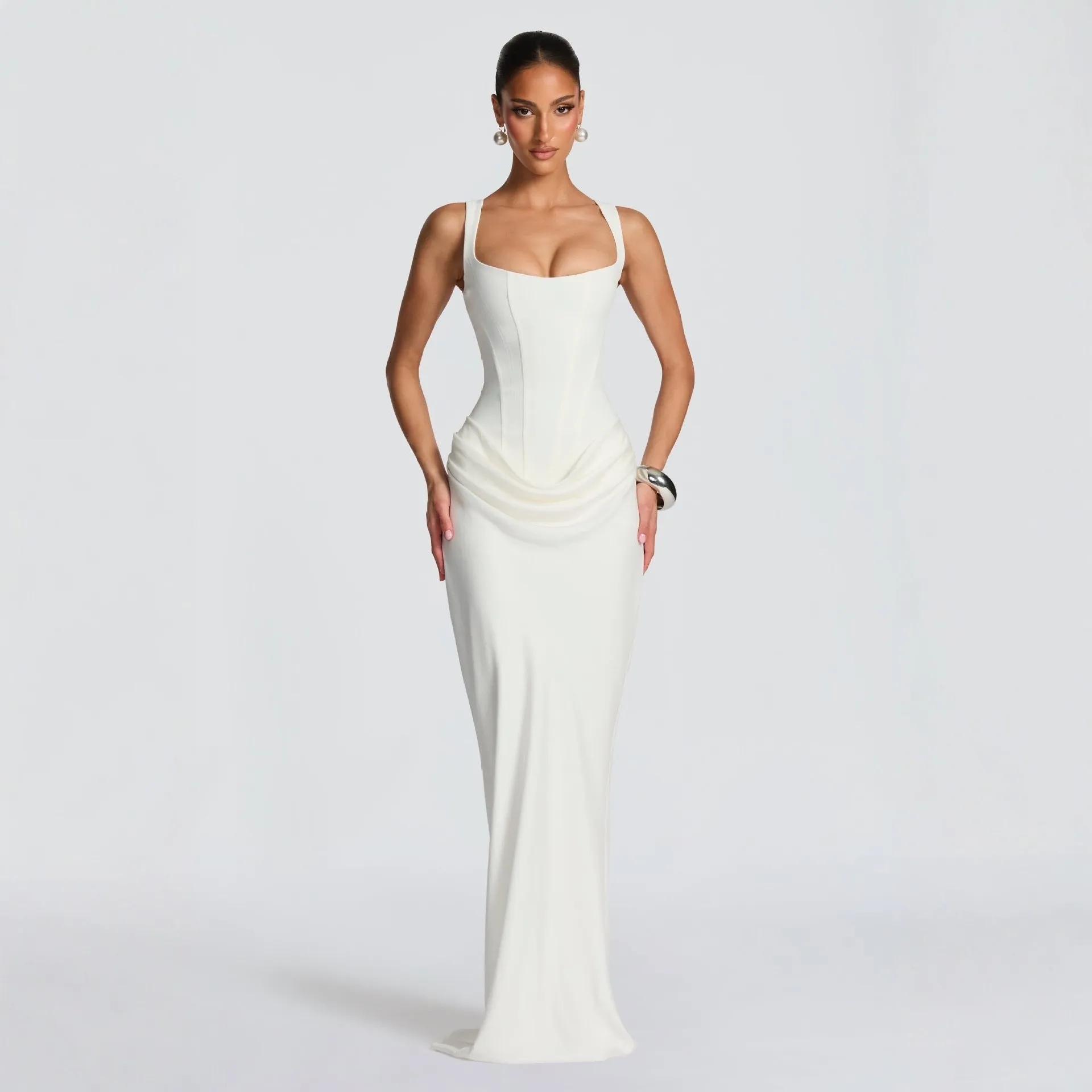 Women's Slim-Fit Fishbone Strap Long Bodycon Dress - Solid Color Elegant Sleeveless Evening Gown for Special Occasions thumbnail 3