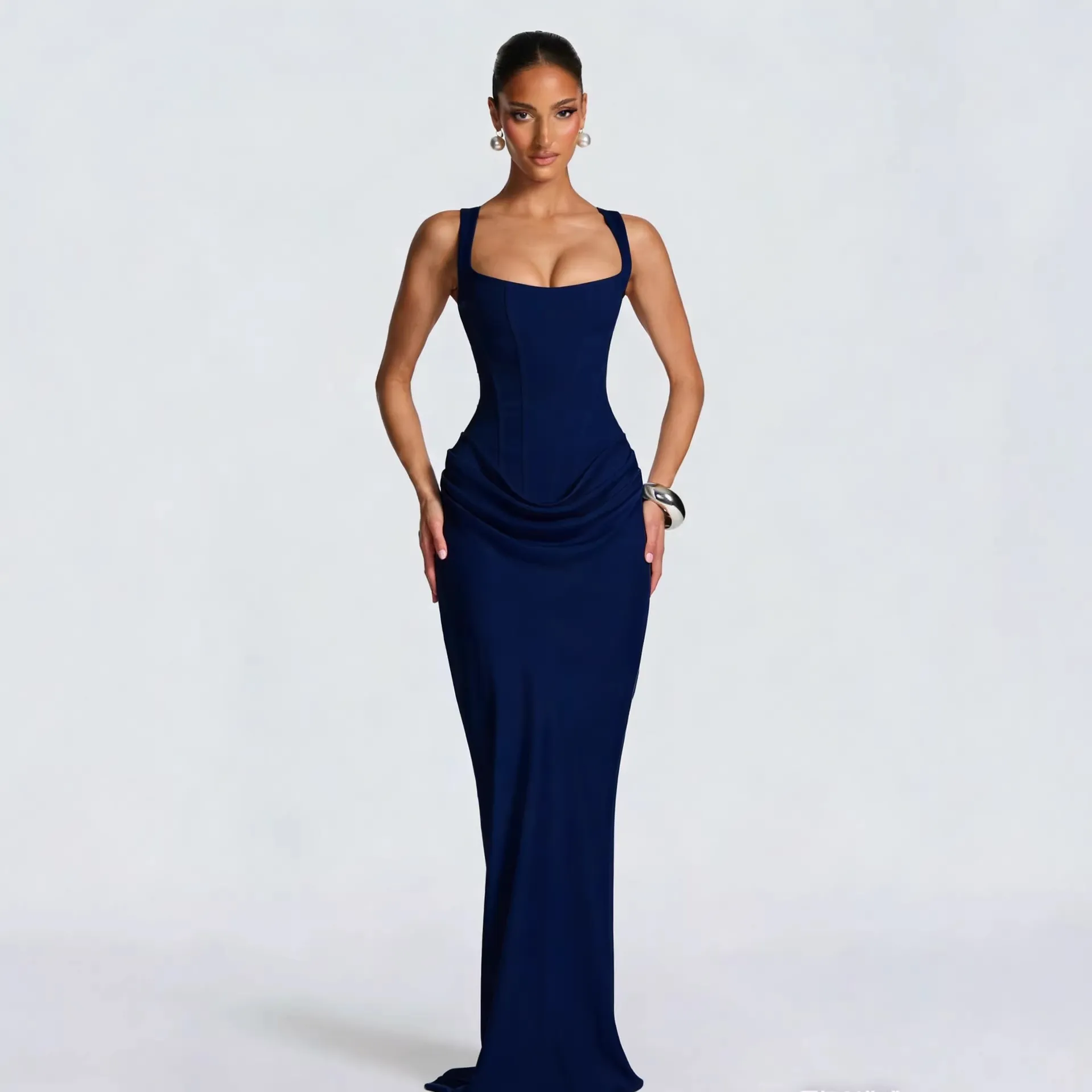 Women's Slim-Fit Fishbone Strap Long Bodycon Dress - Solid Color Elegant Sleeveless Evening Gown for Special Occasions thumbnail 2