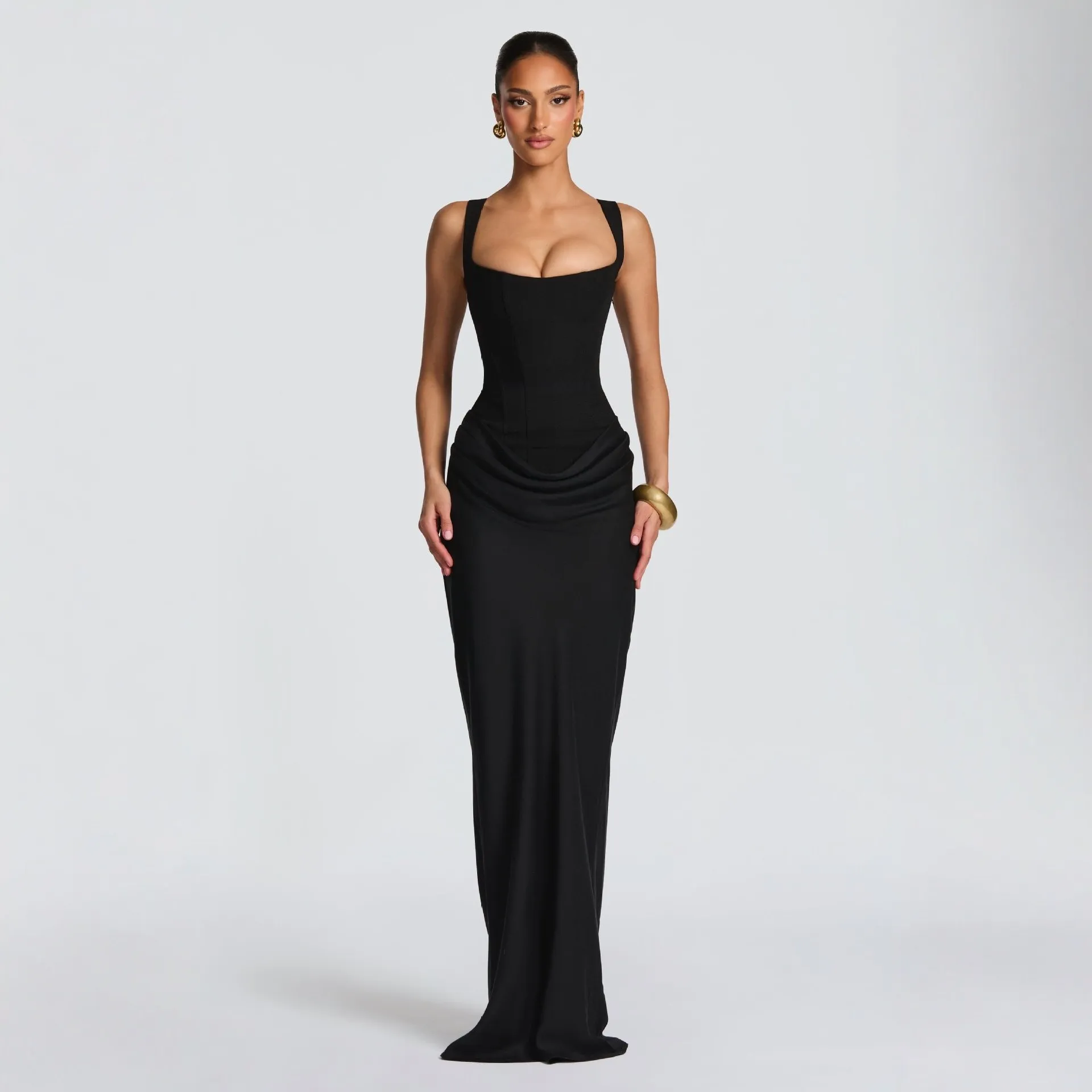 Women's Slim-Fit Fishbone Strap Long Bodycon Dress - Solid Color Elegant Sleeveless Evening Gown for Special Occasions thumbnail 4