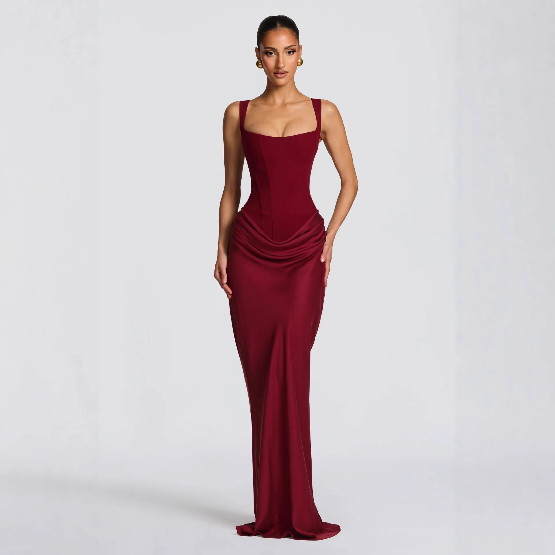 Women's Slim-Fit Fishbone Strap Long Bodycon Dress - Solid Color Elegant Sleeveless Evening Gown for Special Occasions thumbnail 1