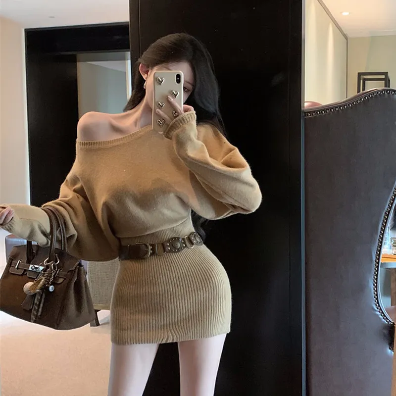 Women's Exquisite Knit Dress Off-Shoulder Long Sleeve Slim Fit Pure Desire Style Elegant Evening Party Dress for Fashionable Ladies thumbnail 1