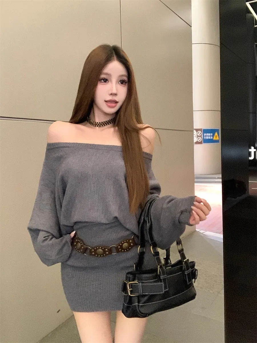 Women's Exquisite Knit Dress Off-Shoulder Long Sleeve Slim Fit Pure Desire Style Elegant Evening Party Dress for Fashionable Ladies showcase 11