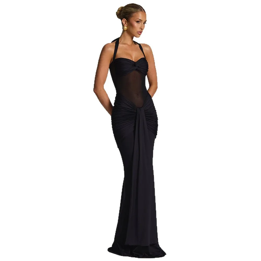 Elegant Halter Neck Sleeveless Bodycon Evening Gown with Pleated Sashes for Women - Chic Party Dress thumbnail 5