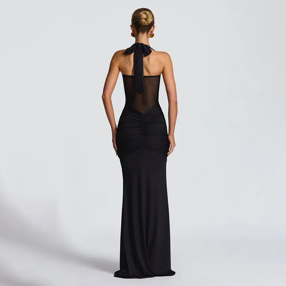 Elegant Halter Neck Sleeveless Bodycon Evening Gown with Pleated Sashes for Women - Chic Party Dress showcase 7