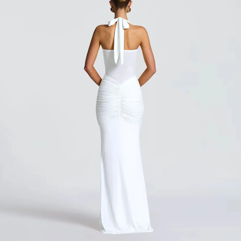 Elegant Halter Neck Sleeveless Bodycon Evening Gown with Pleated Sashes for Women - Chic Party Dress showcase 20