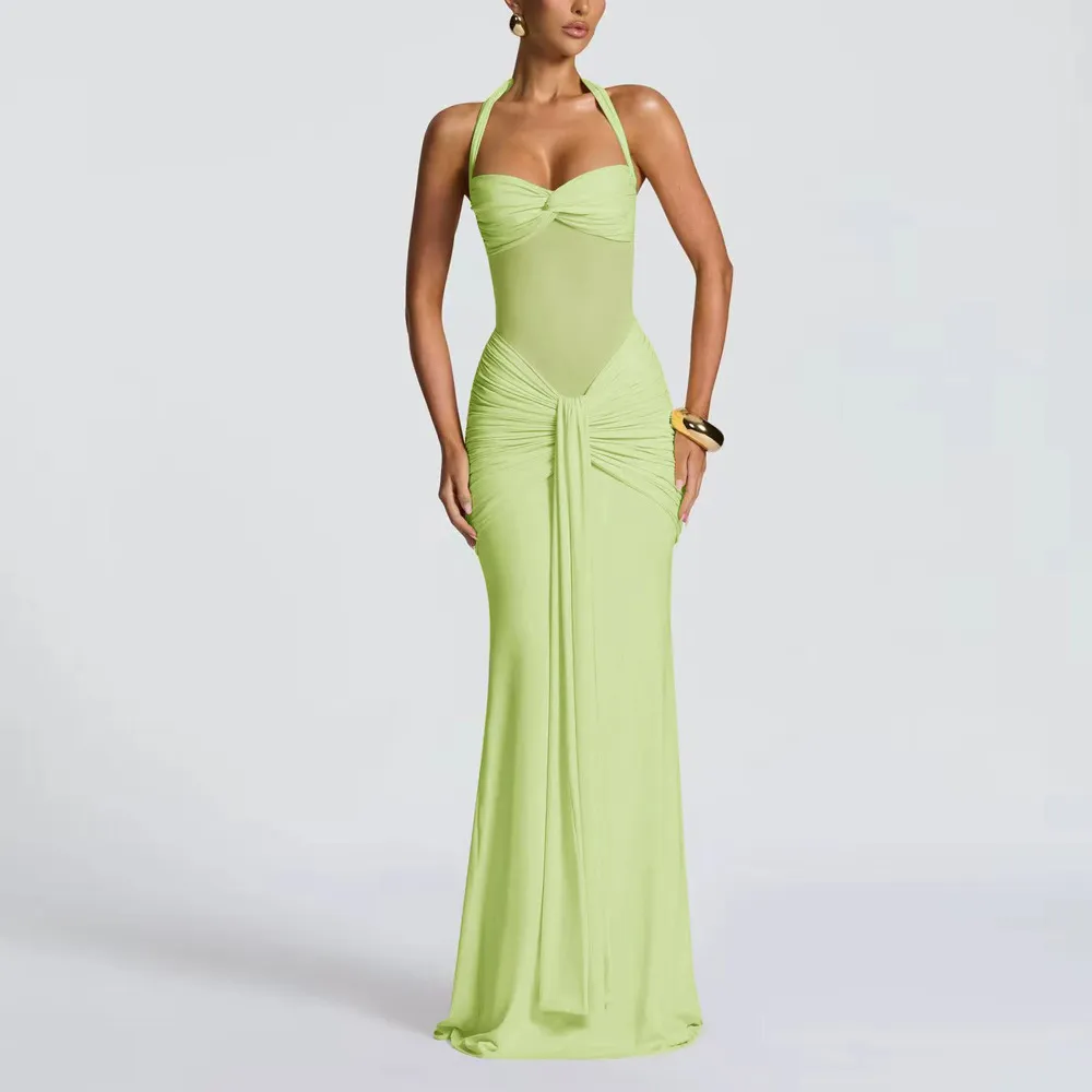 Elegant Halter Neck Sleeveless Bodycon Evening Gown with Pleated Sashes for Women - Chic Party Dress thumbnail 9