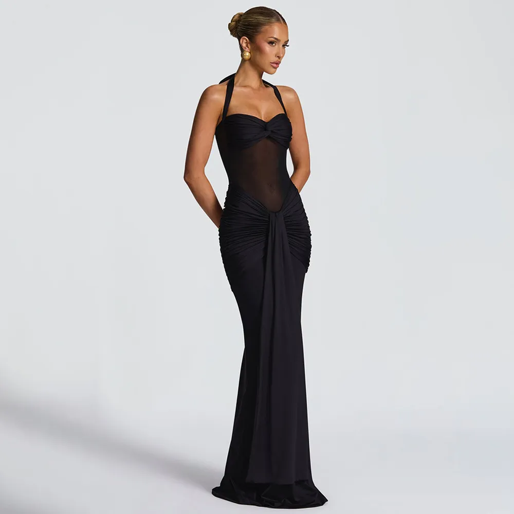 Elegant Halter Neck Sleeveless Bodycon Evening Gown with Pleated Sashes for Women - Chic Party Dress thumbnail 10