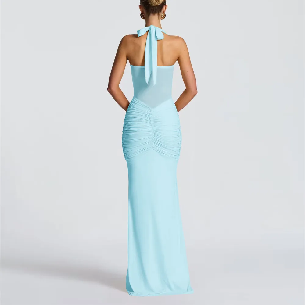 Elegant Halter Neck Sleeveless Bodycon Evening Gown with Pleated Sashes for Women - Chic Party Dress showcase 18