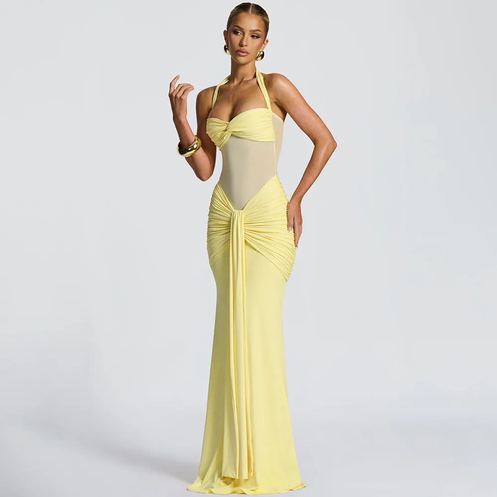 Elegant Halter Neck Sleeveless Bodycon Evening Gown with Pleated Sashes for Women - Chic Party Dress showcase 15