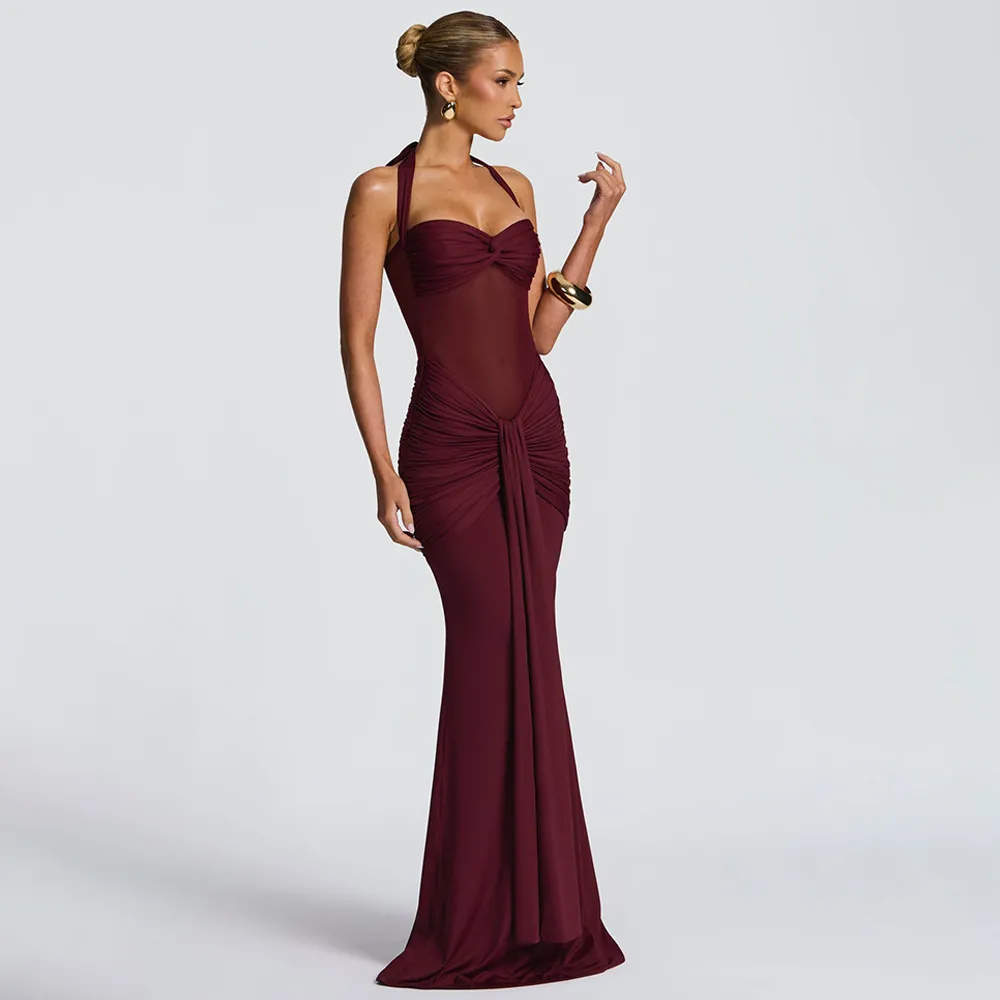 Elegant Halter Neck Sleeveless Bodycon Evening Gown with Pleated Sashes for Women - Chic Party Dress showcase 4