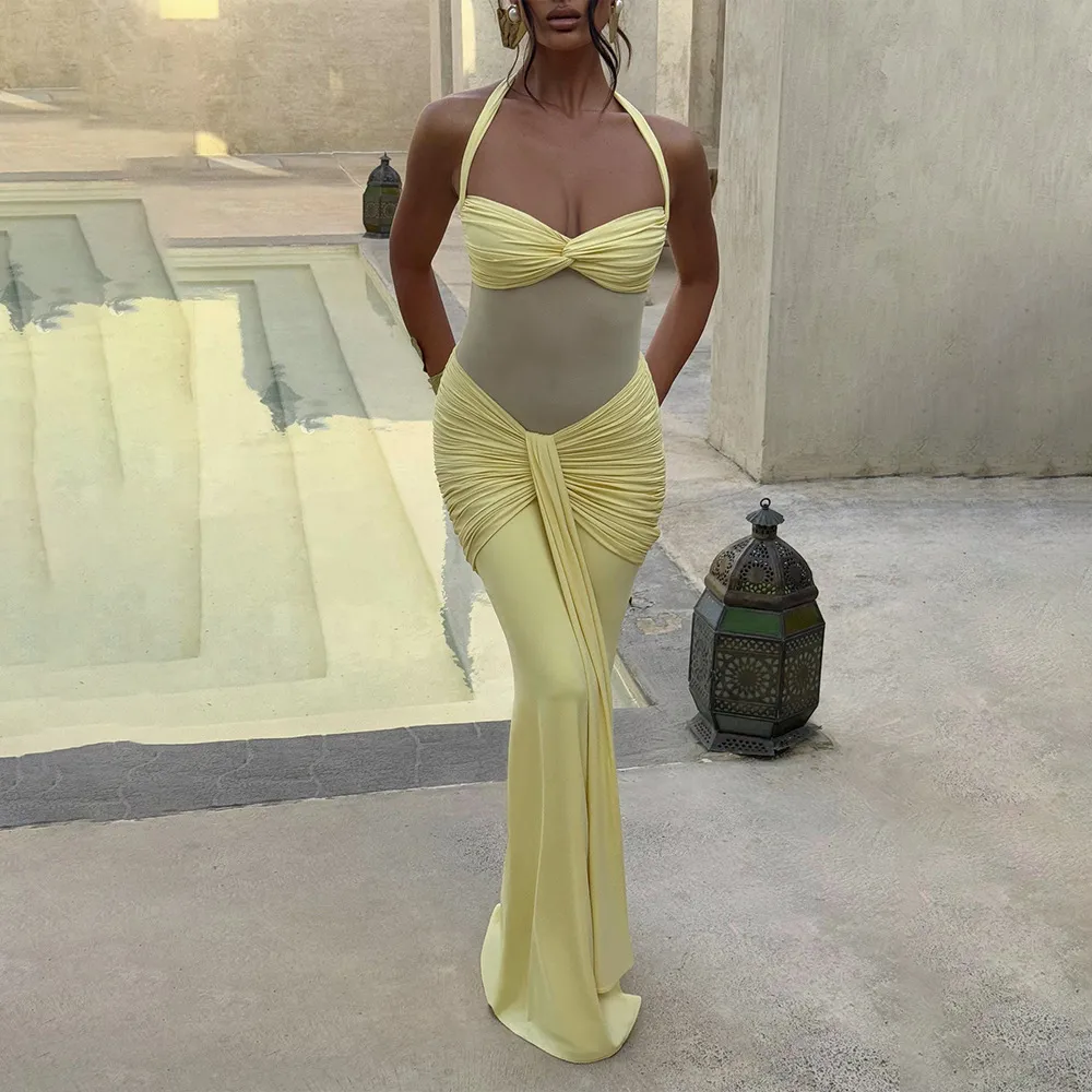 Elegant Halter Neck Sleeveless Bodycon Evening Gown with Pleated Sashes for Women - Chic Party Dress showcase 11