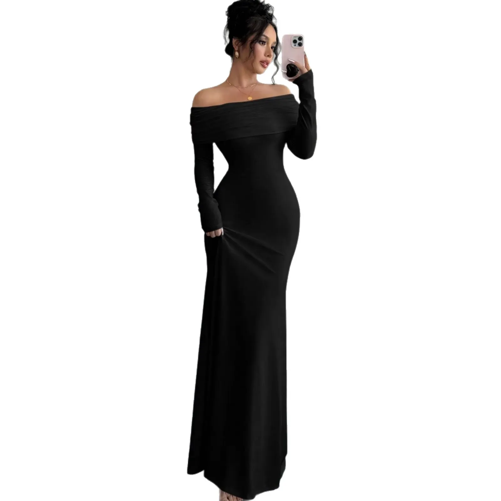 Elegant Women's Off-Shoulder Pleated Long Evening Dress - Fashionable Hip-Hugging Design for Special Occasions thumbnail 5