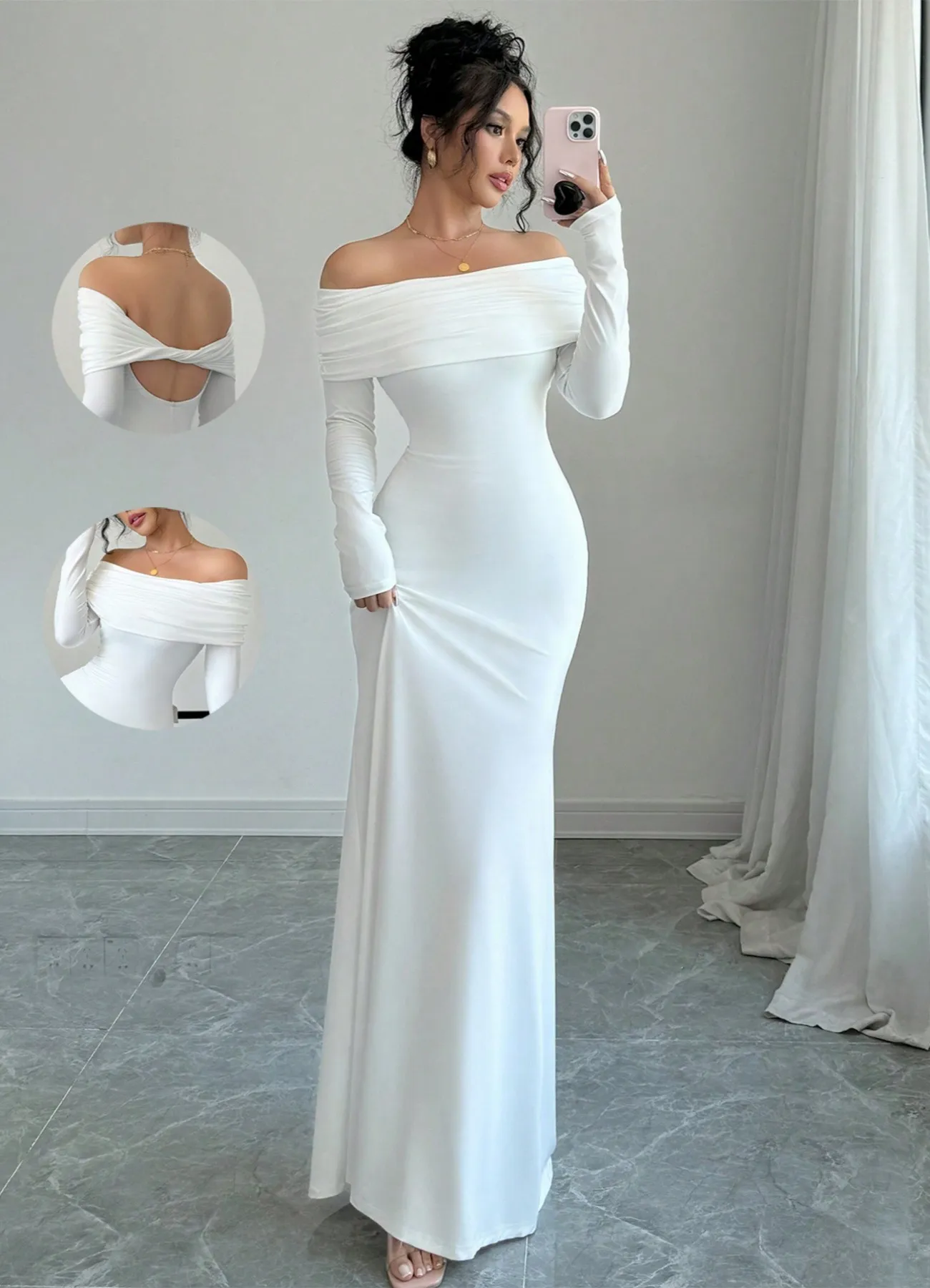 Elegant Women's Off-Shoulder Pleated Long Evening Dress - Fashionable Hip-Hugging Design for Special Occasions thumbnail 10