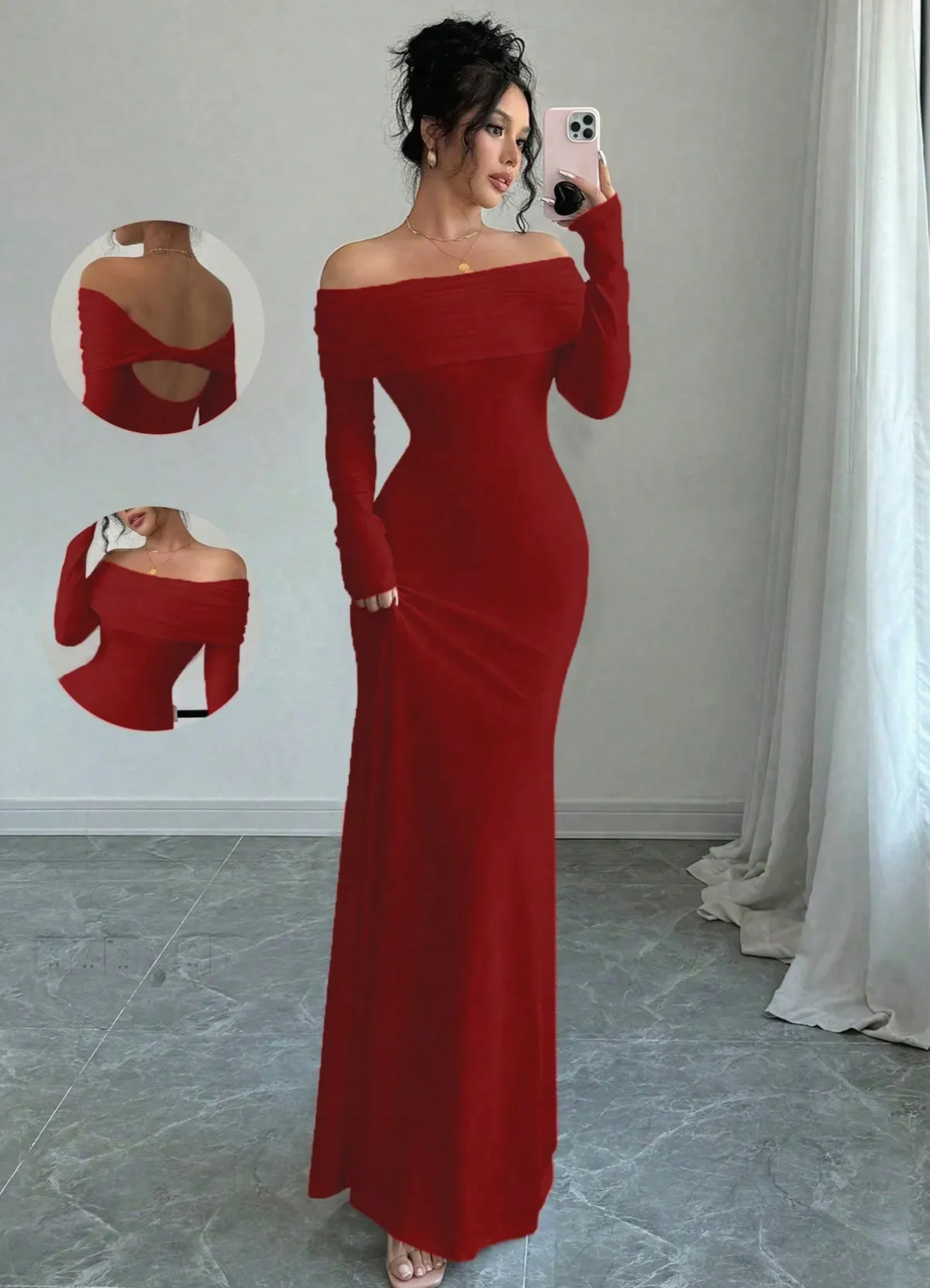 Elegant Women's Off-Shoulder Pleated Long Evening Dress - Fashionable Hip-Hugging Design for Special Occasions showcase 5