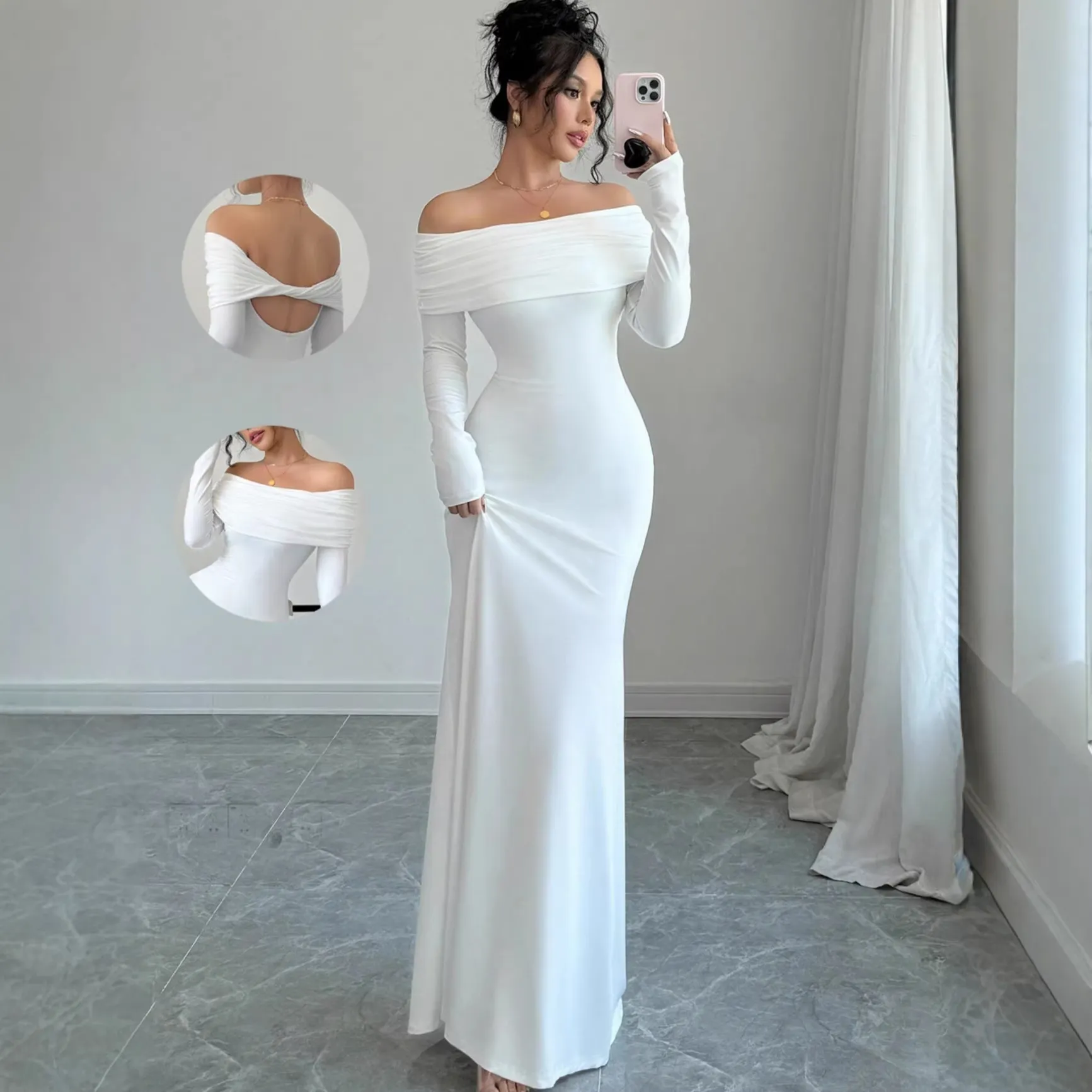 Elegant Women's Off-Shoulder Pleated Long Evening Dress - Fashionable Hip-Hugging Design for Special Occasions thumbnail 2